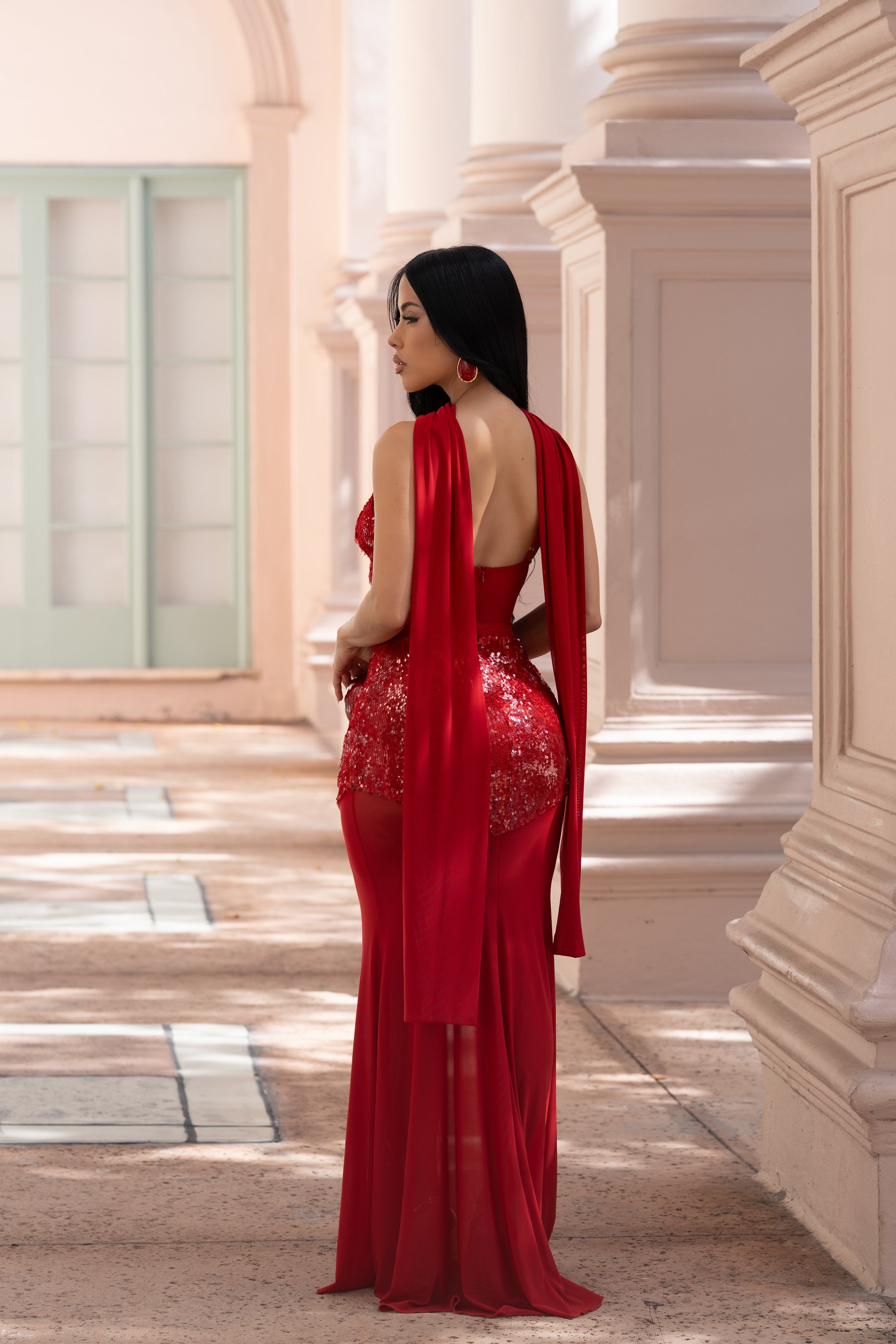 Allure Veil Sequin Mesh Maxi Dress Red