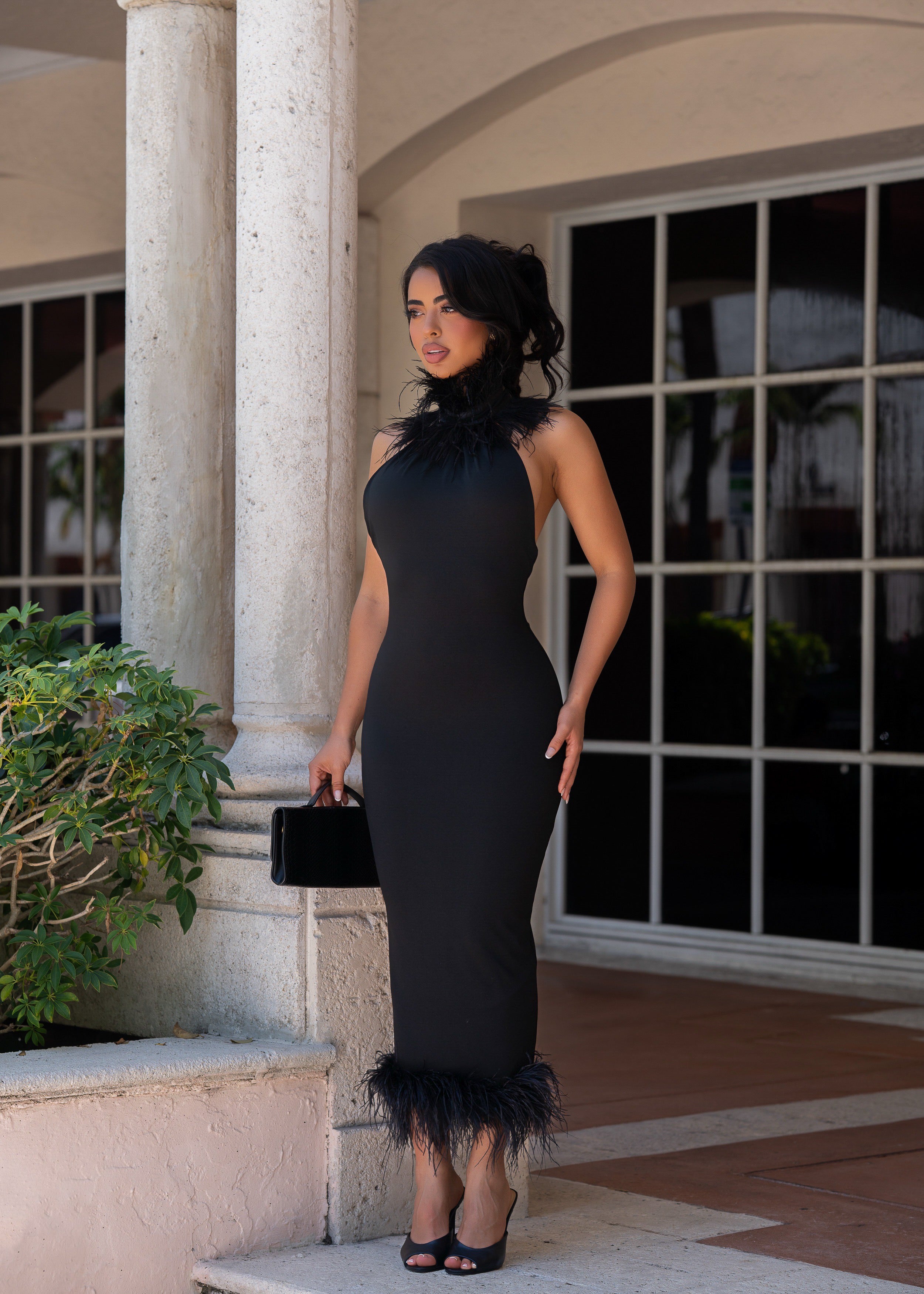 Private Desire Feather Trim Midi Dress Black