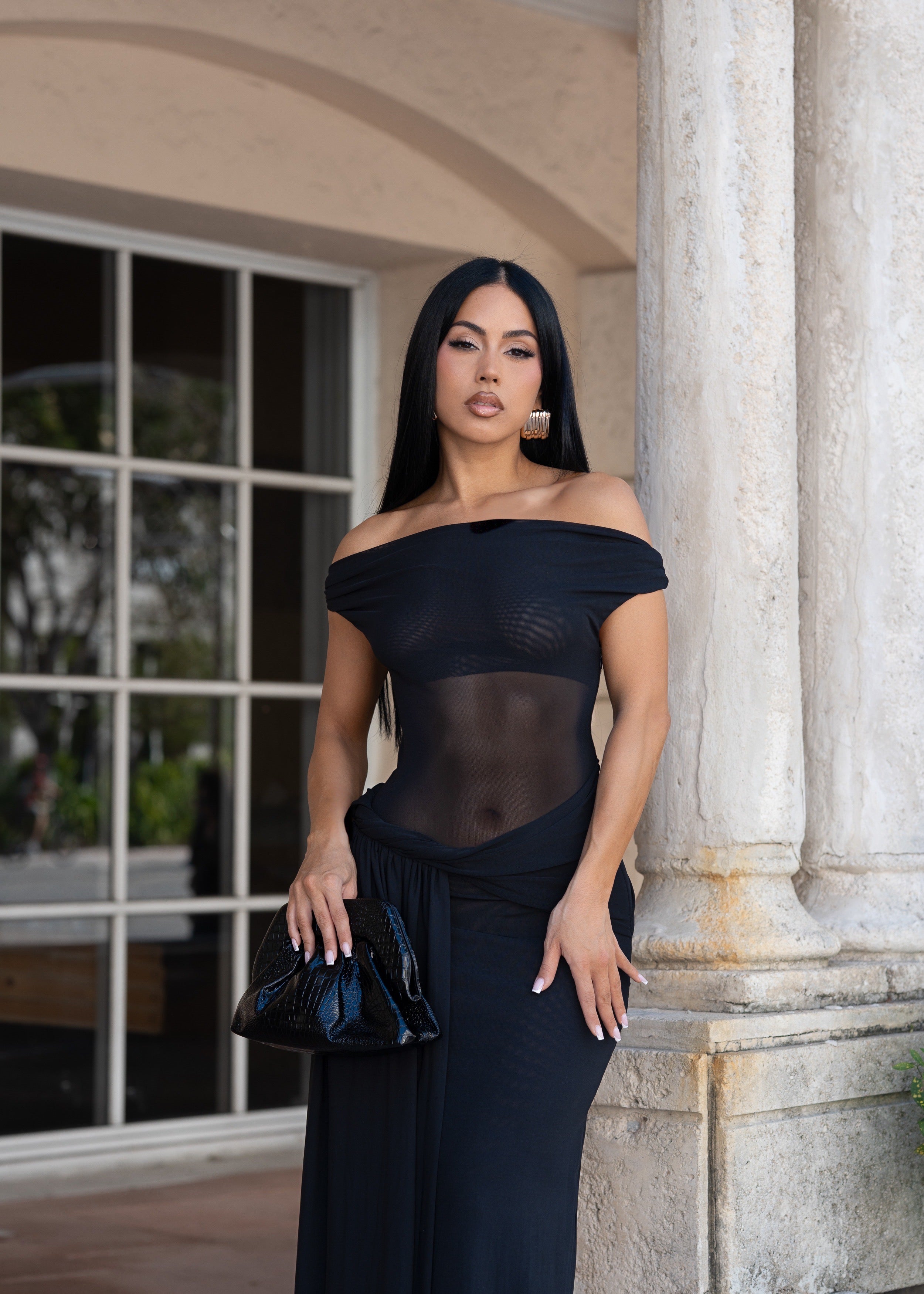 After Dusk Gown Mesh Ruched Maxi Dress Black