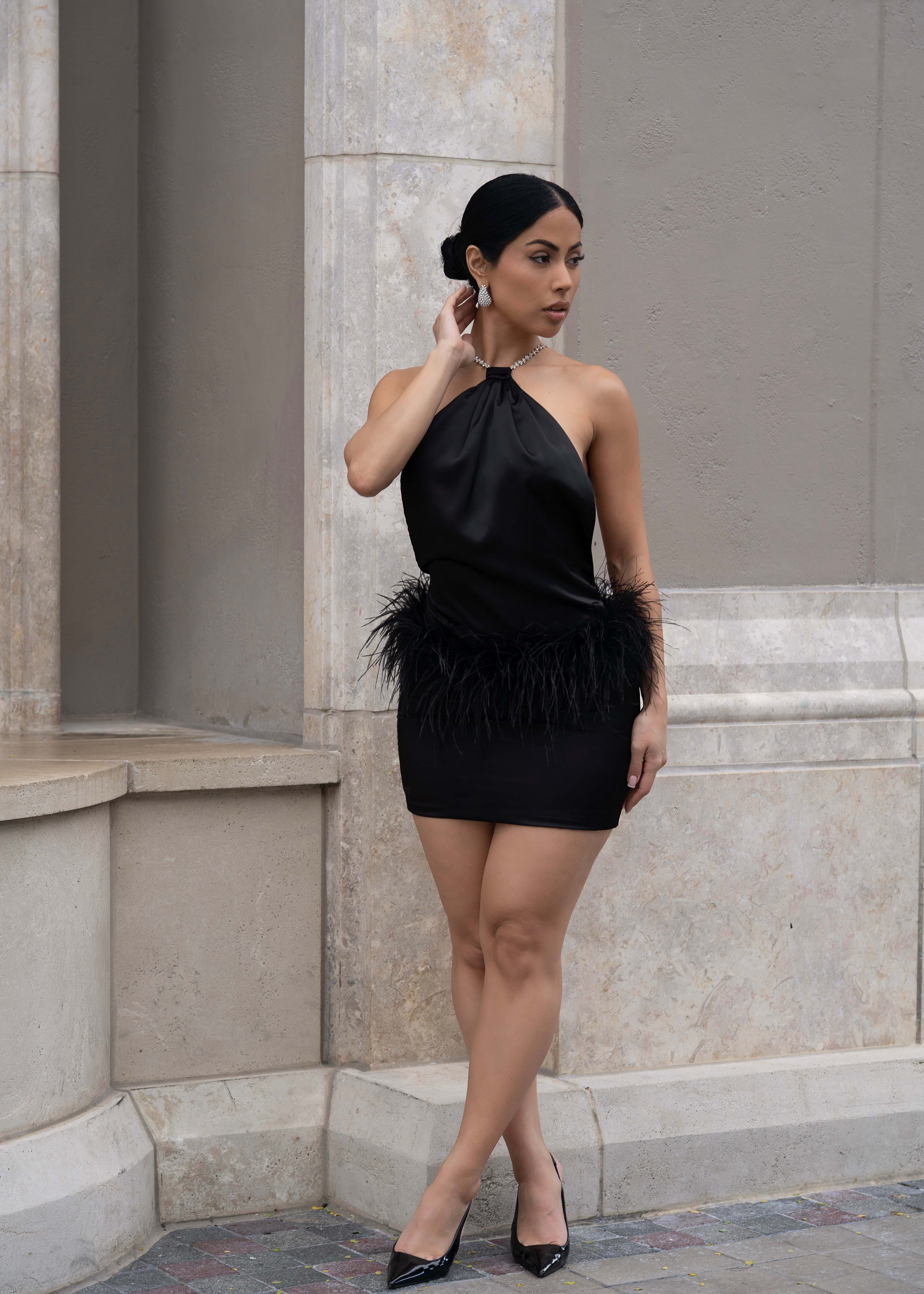 Moonlit Reverie Satin Rhinestone Mini Dress Black