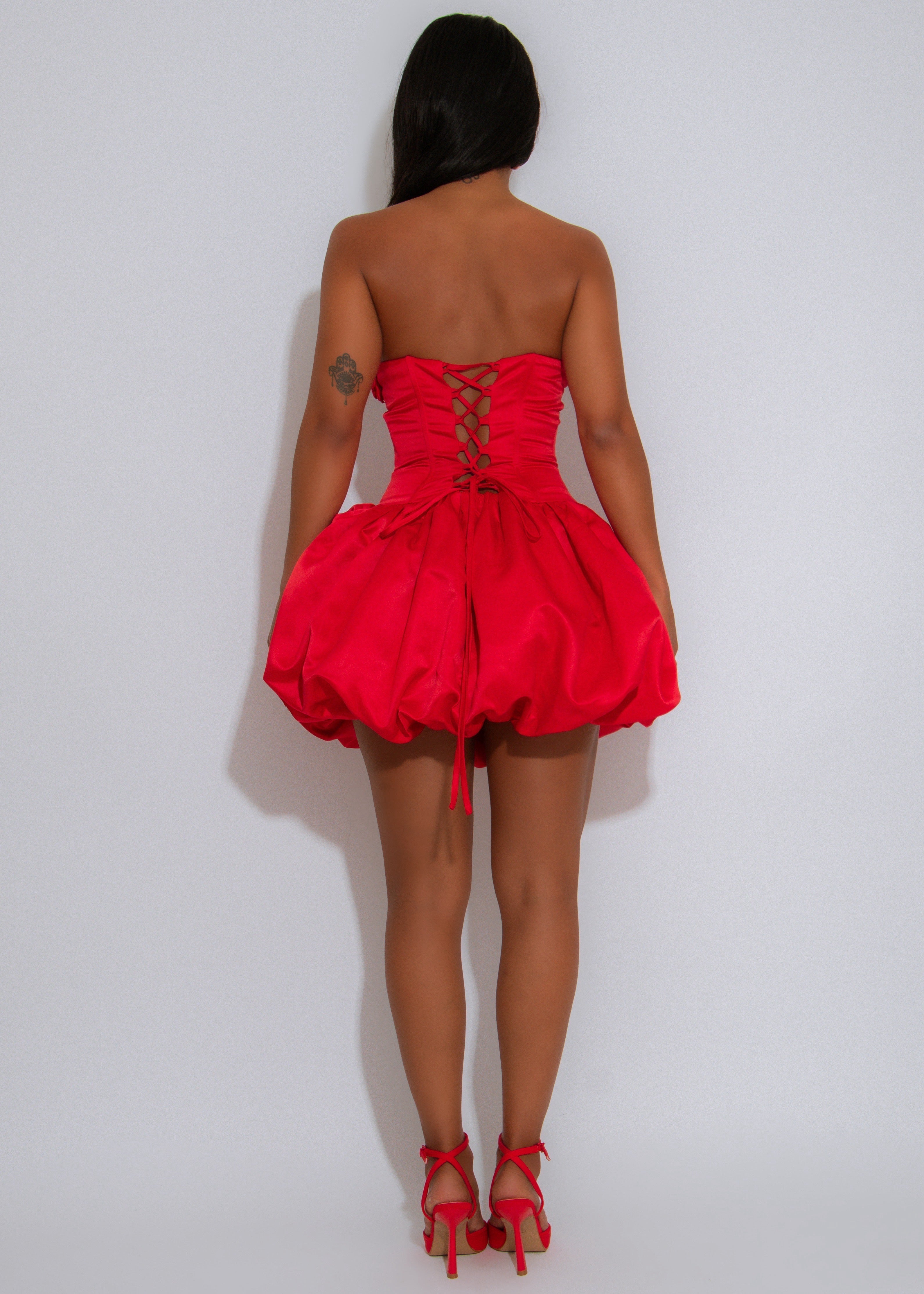 Rosette Romance Floral Satin Ruched Mini Dress Red