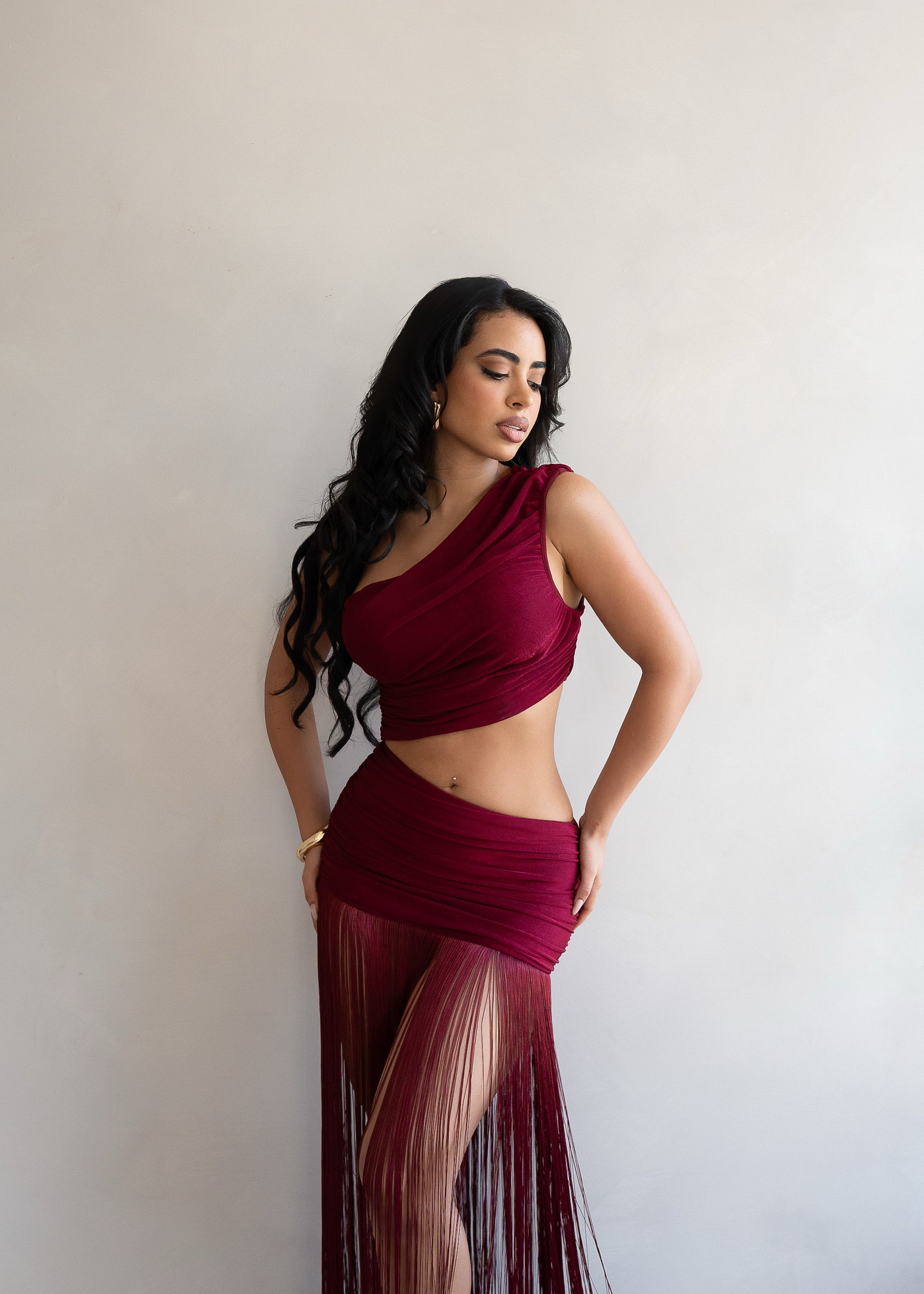 Sensuelle Command Fringes Ruched Maxi Dress Red