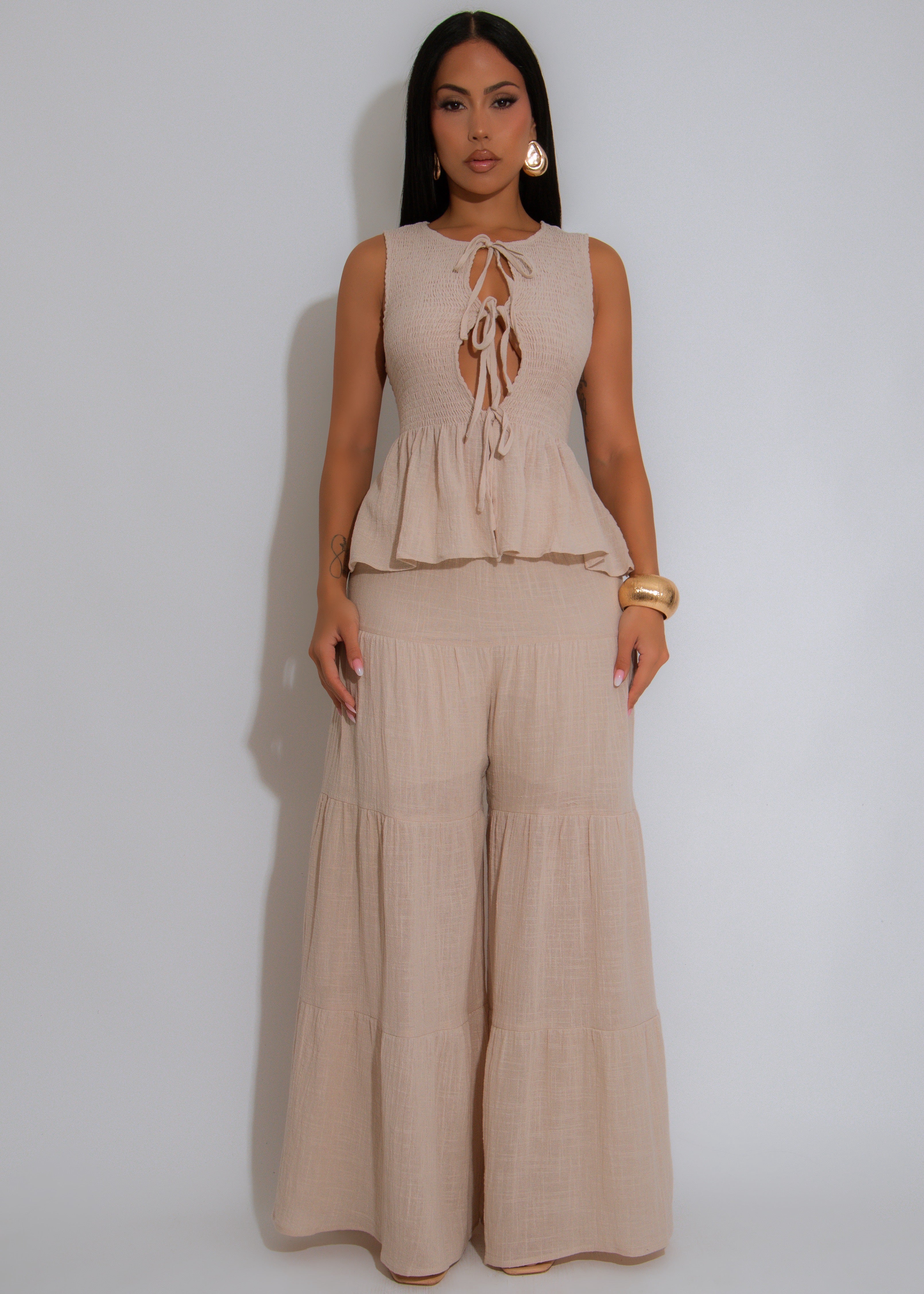 Breezy Haven Ruched Pant Set Nude