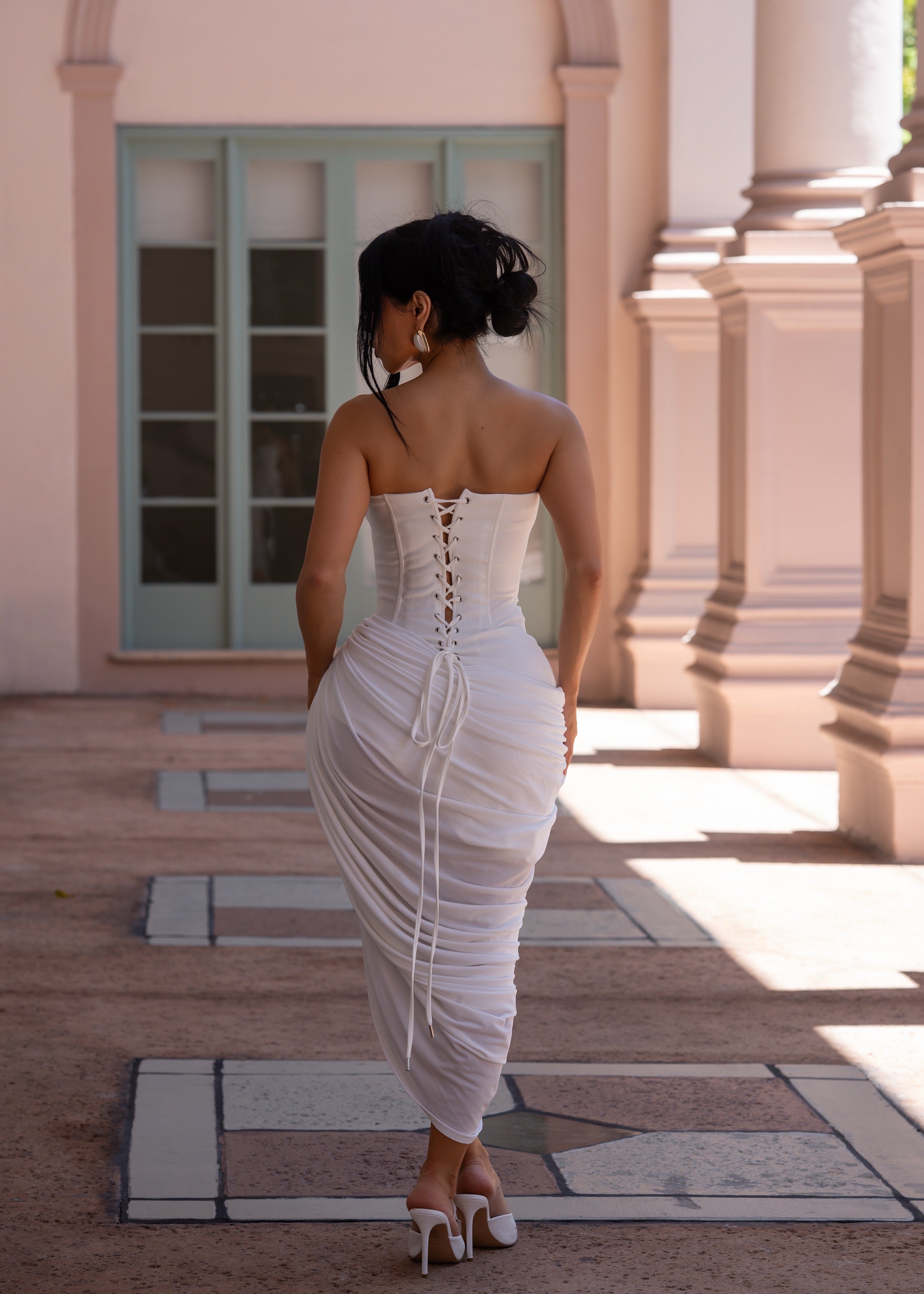 Luxe Contour Draped Midi Dress white