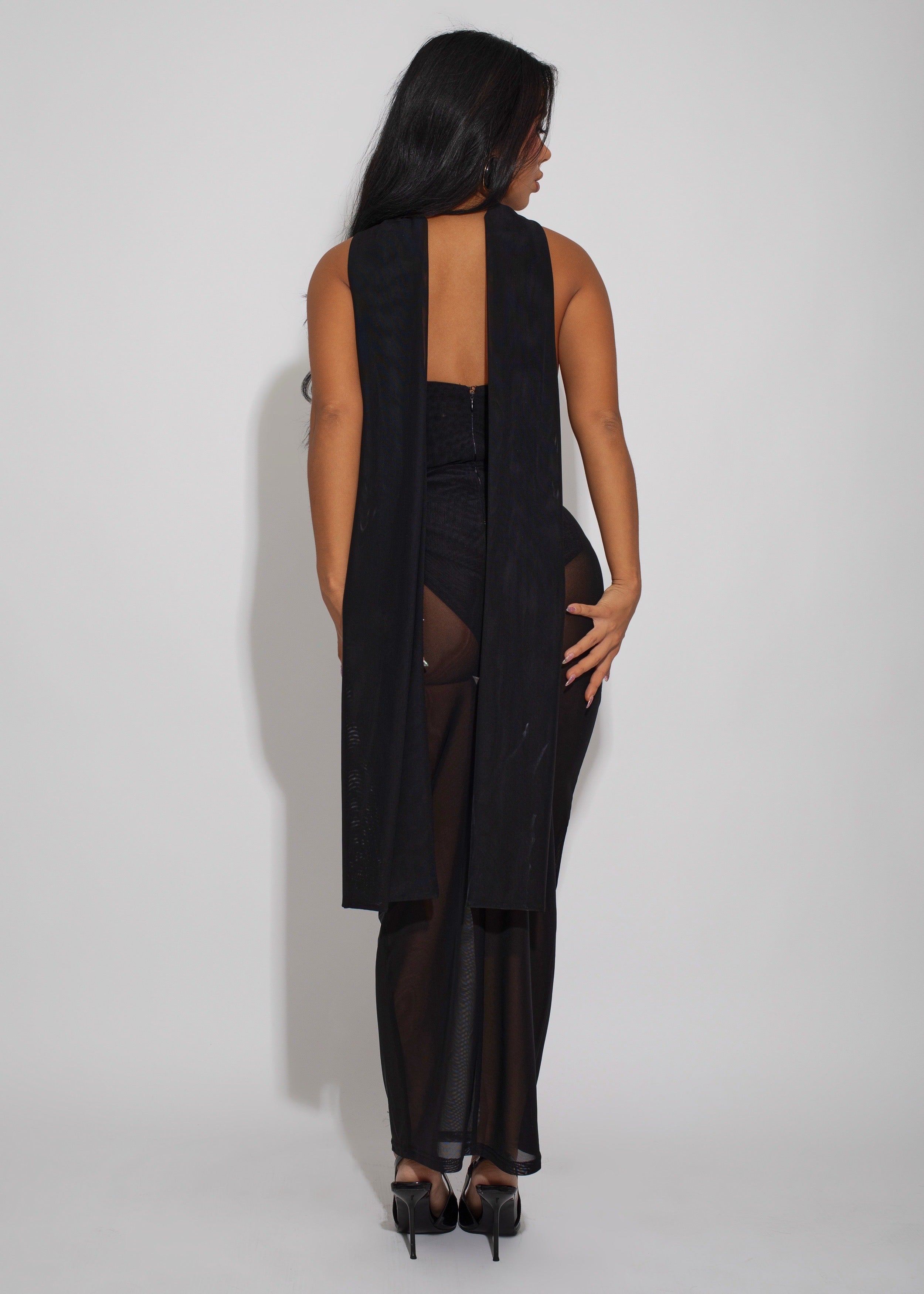 Aura Veil Mesh Midi Dress Black