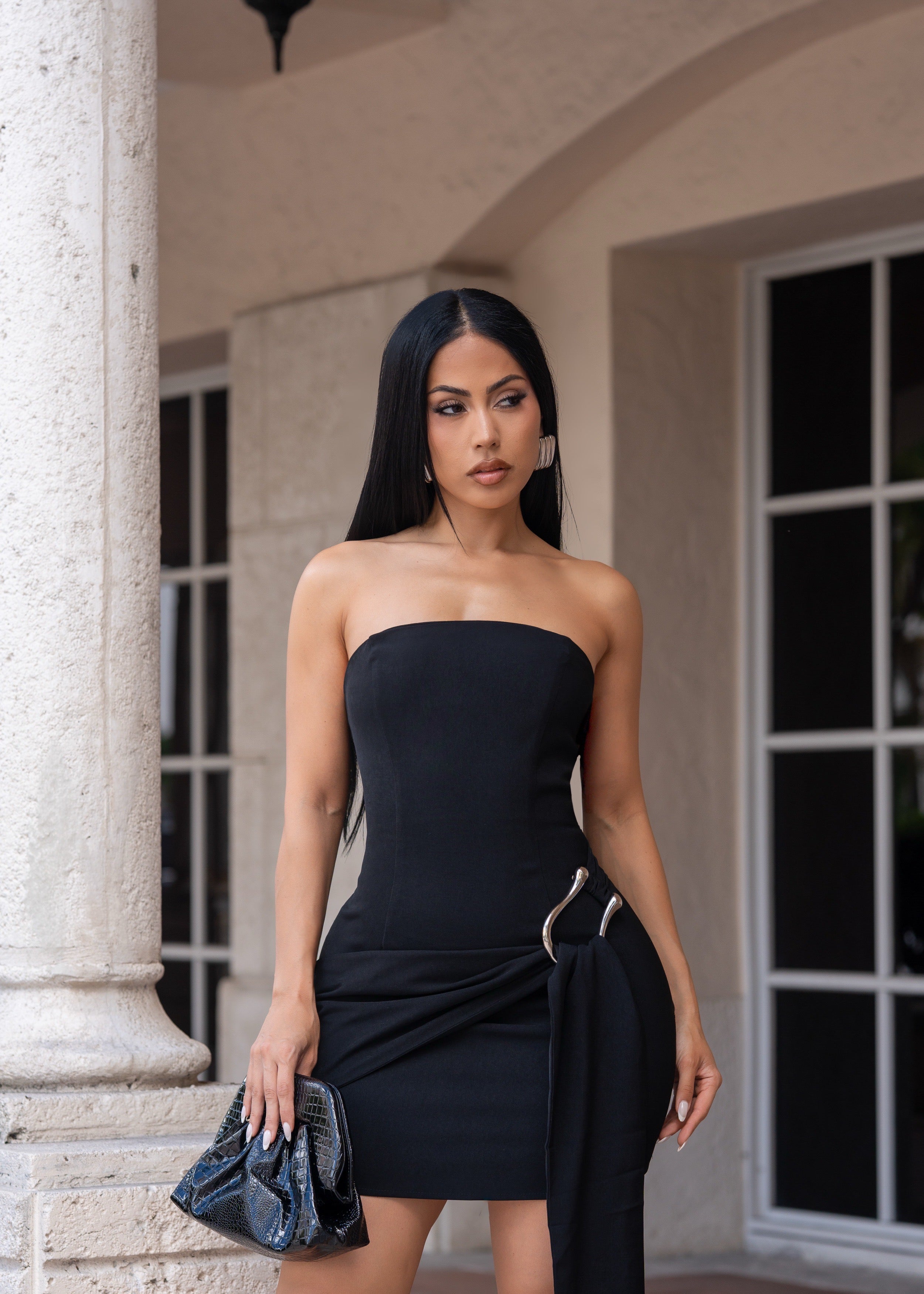 Enigma Drape Mini Dress Black