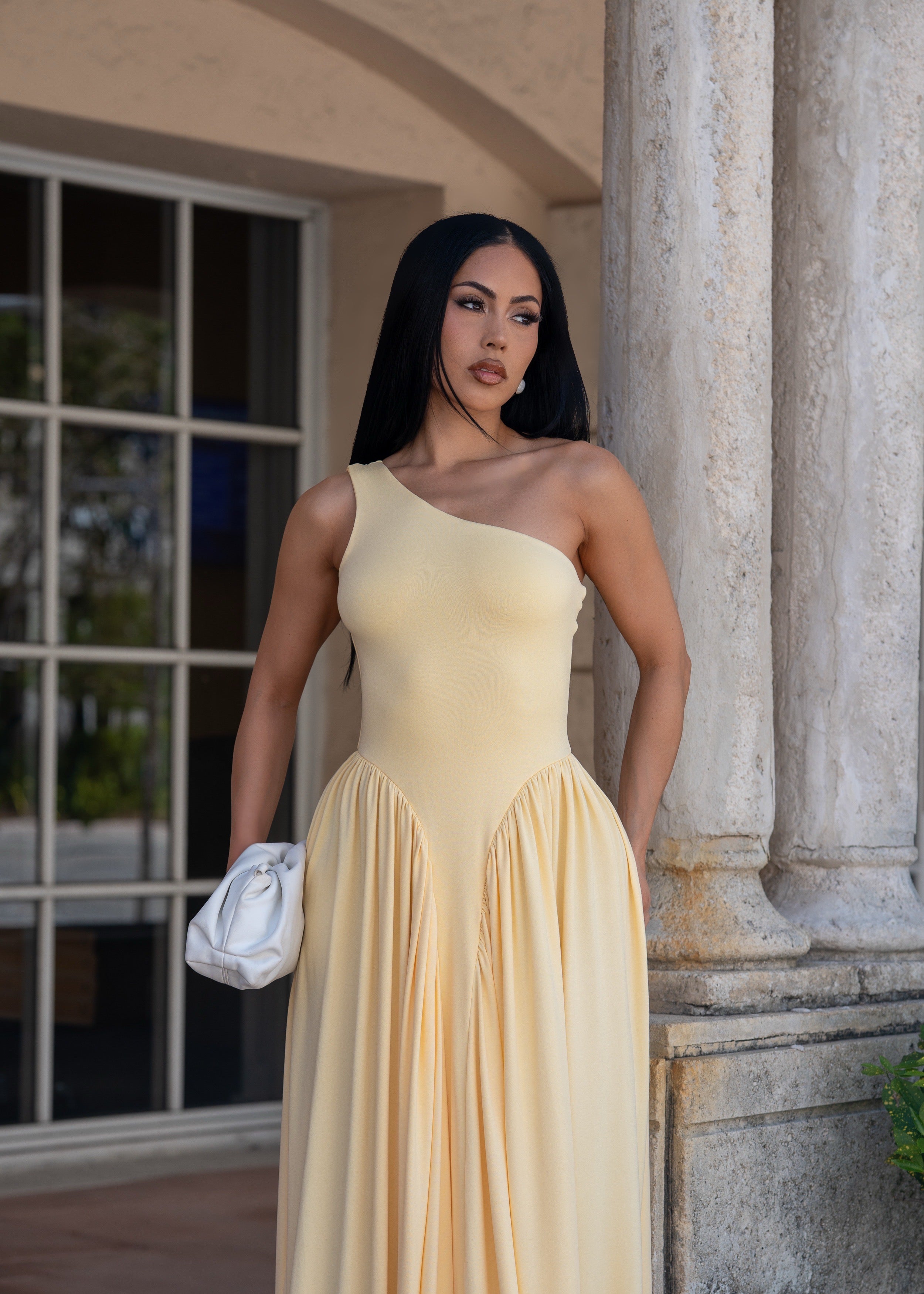 Temple of Desire Ruched Maxi Dress Yellow