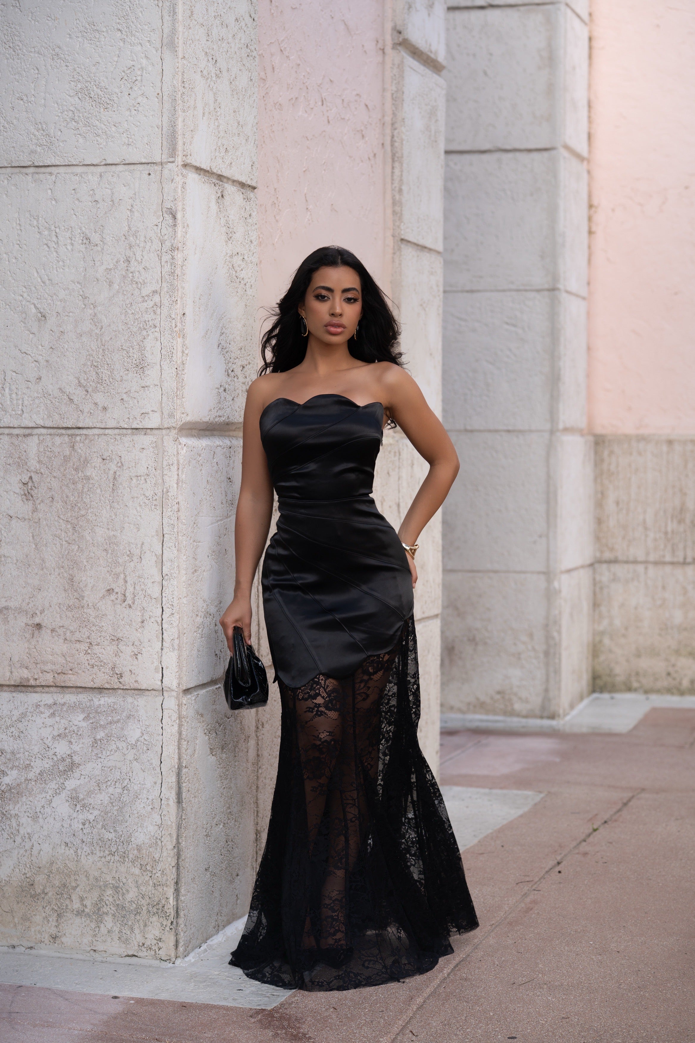 Couture Oath Satin Lace Maxi Dress Black