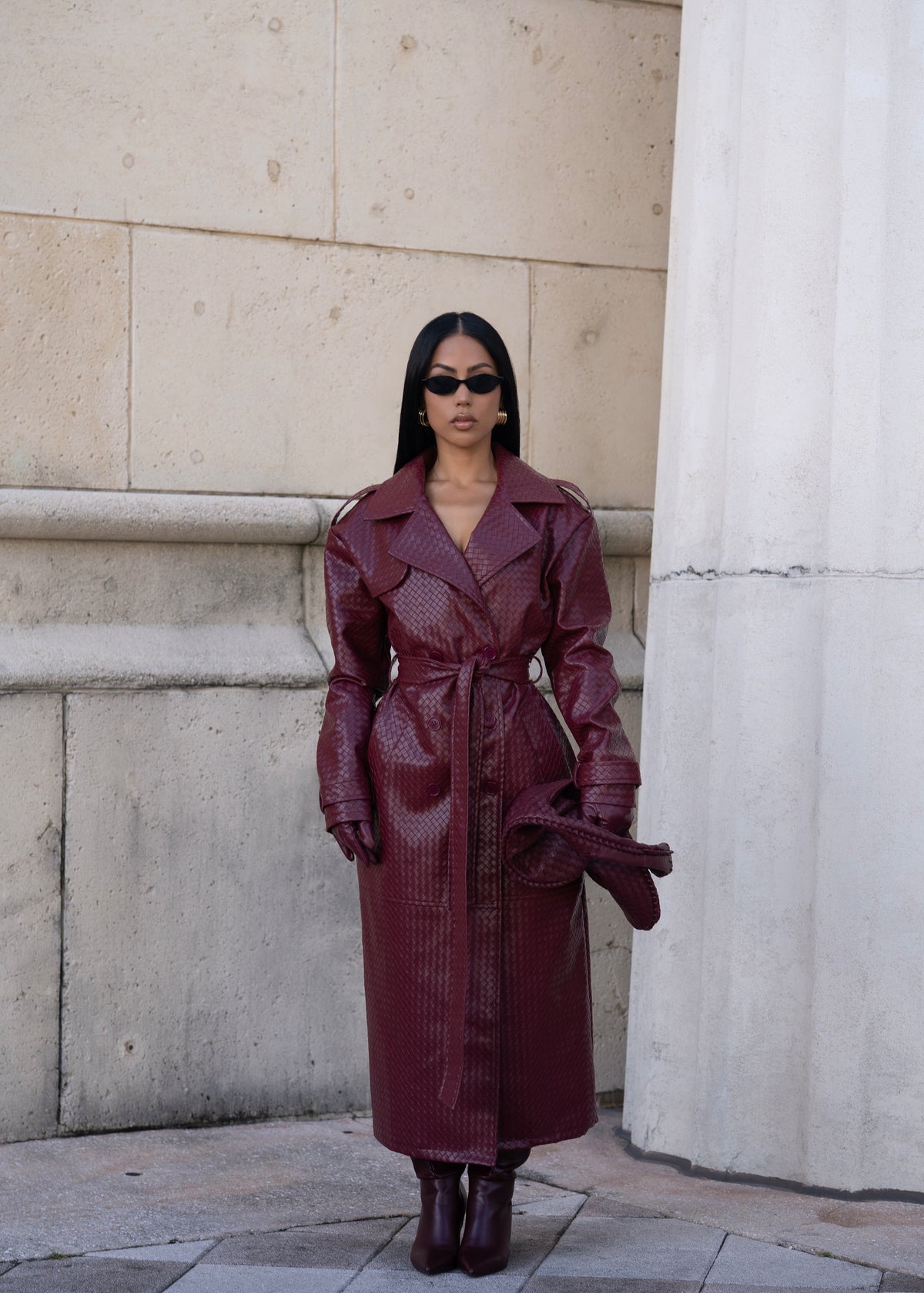 High Rise Woven Leather Coat Red