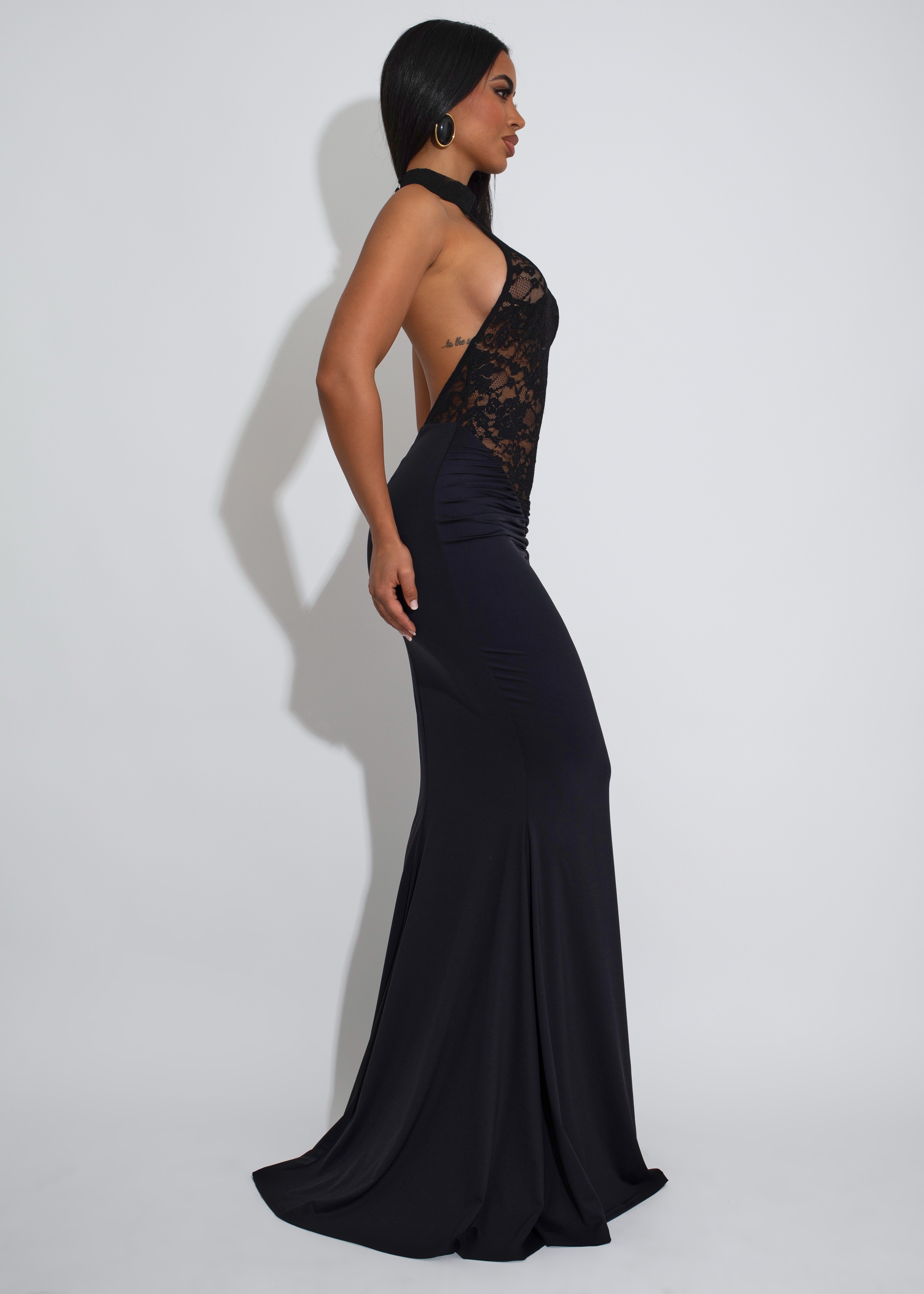 Ritual Allure Lace Ruched Maxi Dress Black
