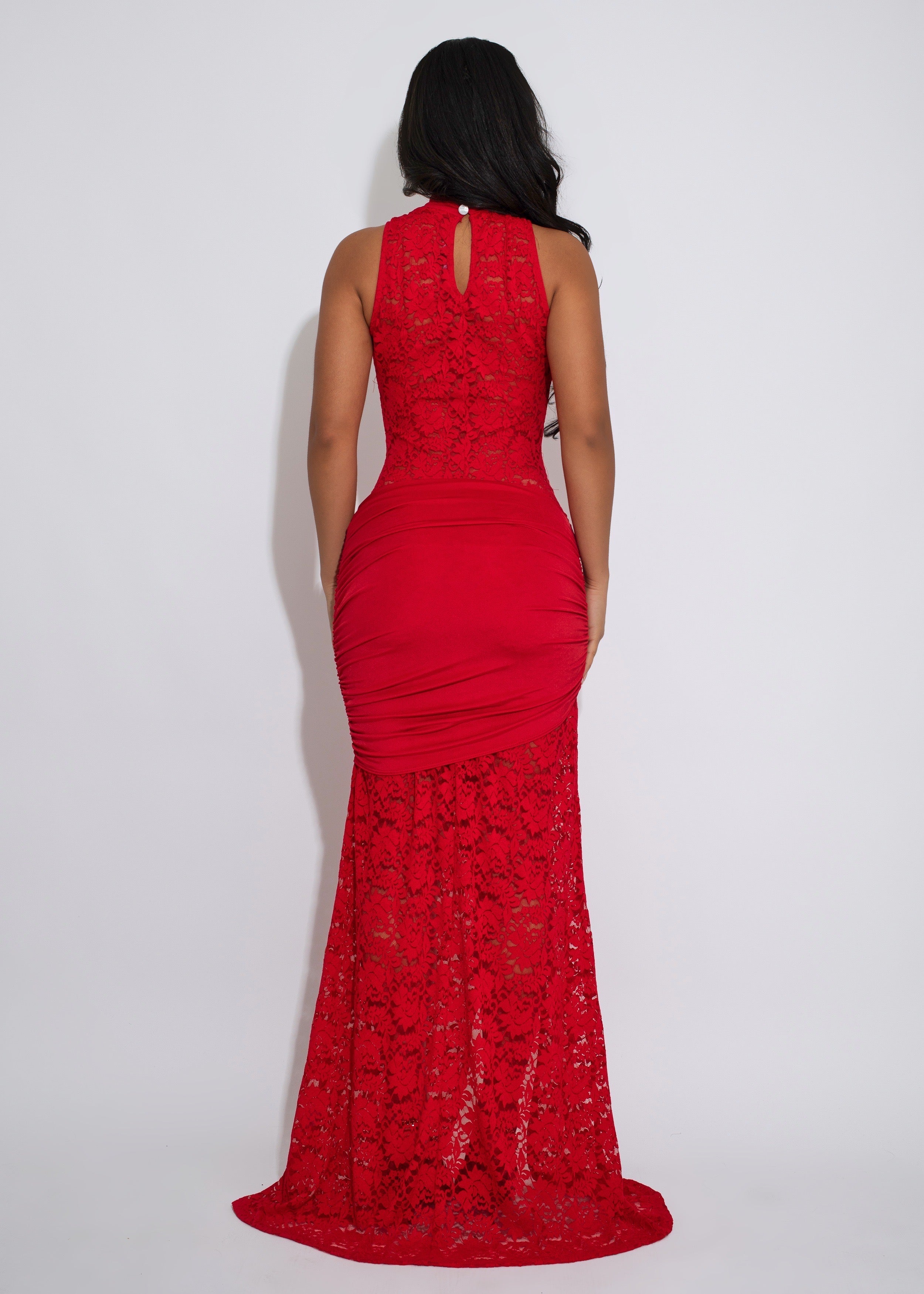 Silhouette Ritual Lace Ruched Maxi Dress Red