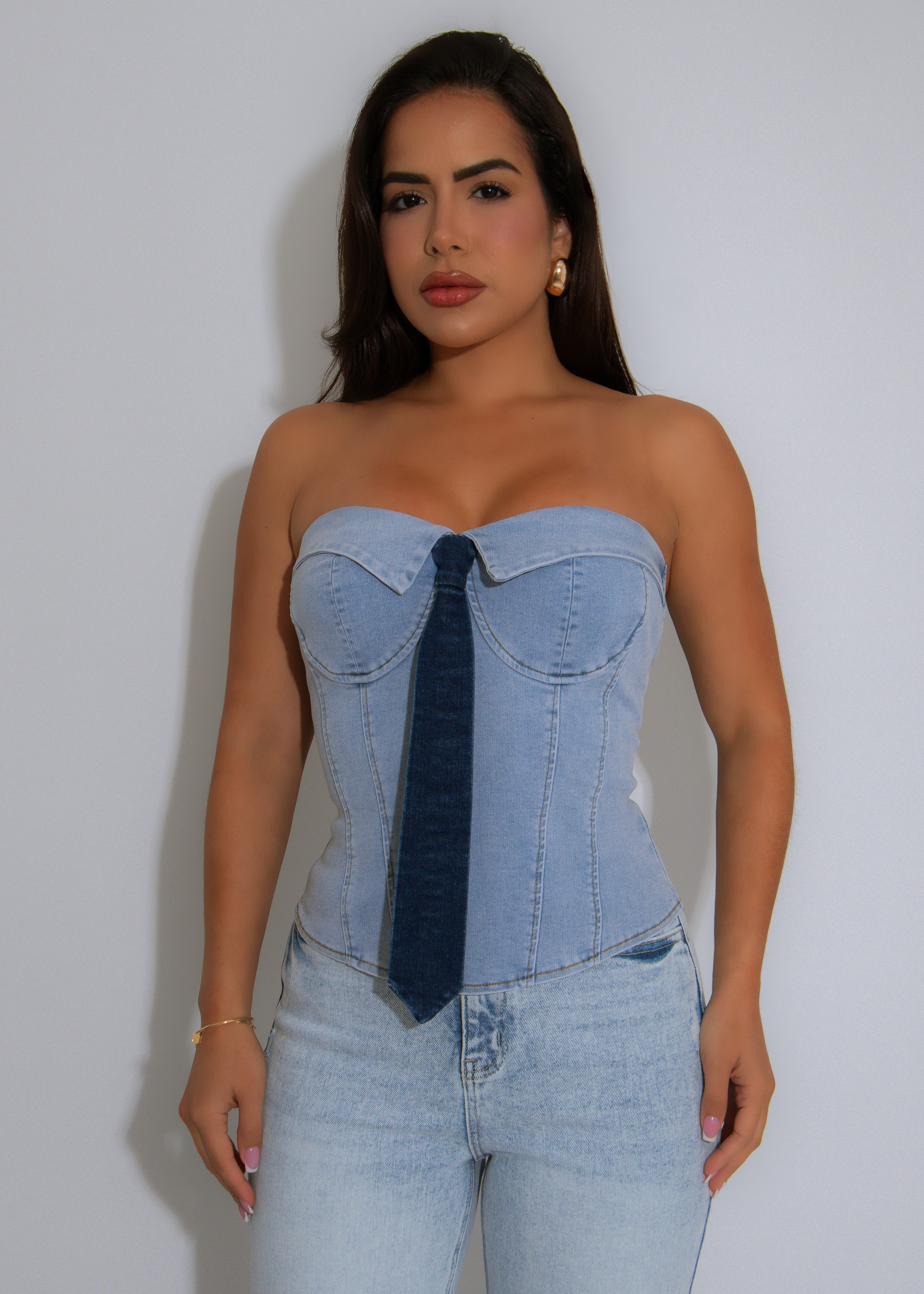 The French Muse Tie Corset Light Denim