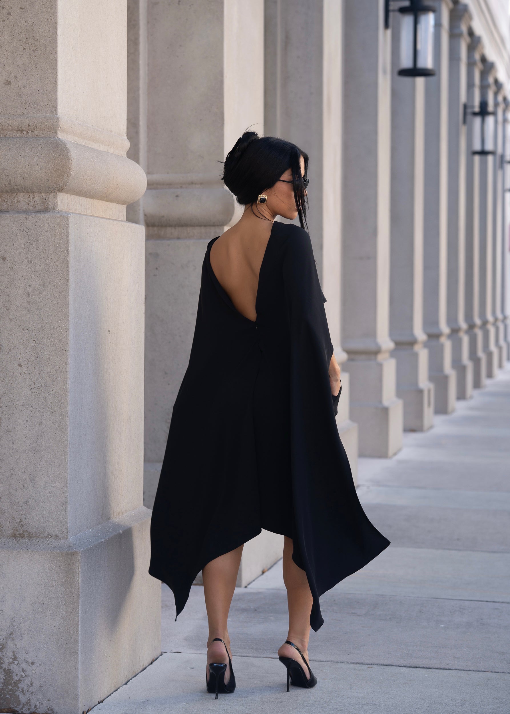 Structured Veil Cape Mini Dress Black