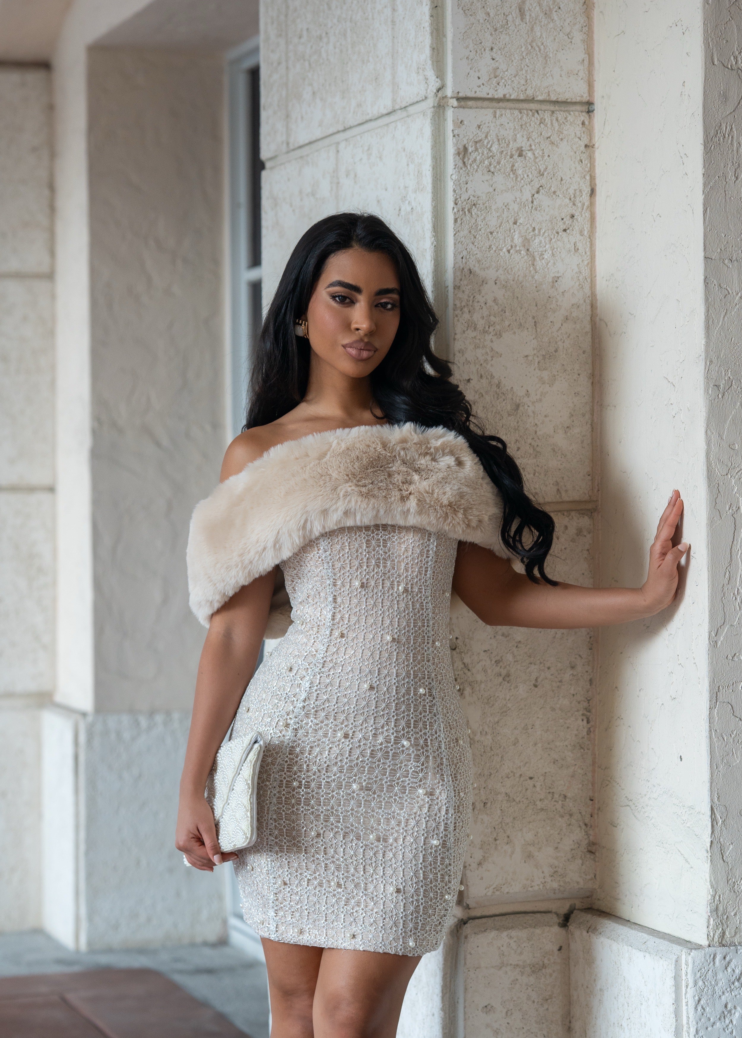 Winter Reverence Pearl Faux Fur Mini Dress Nude