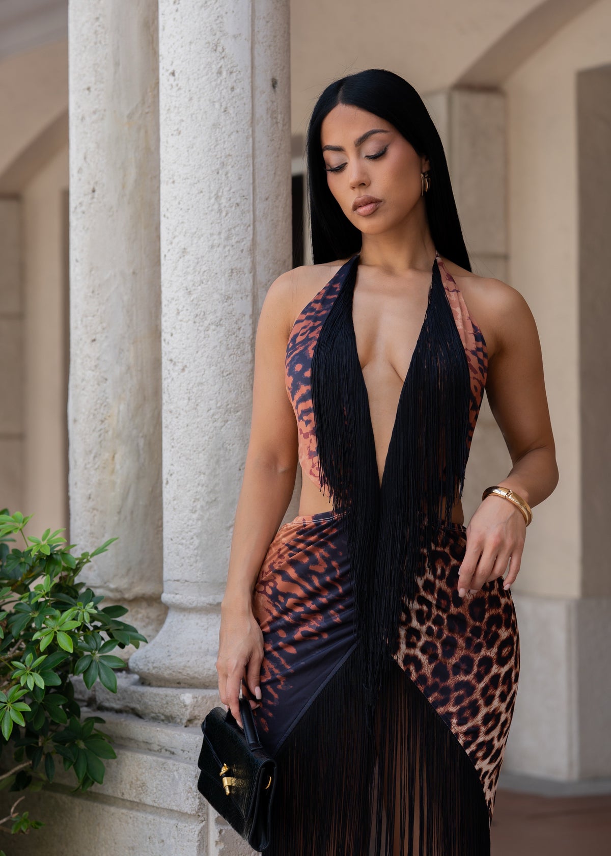 Kissed by Temptation Leopard Ruched Midi Dress Brown