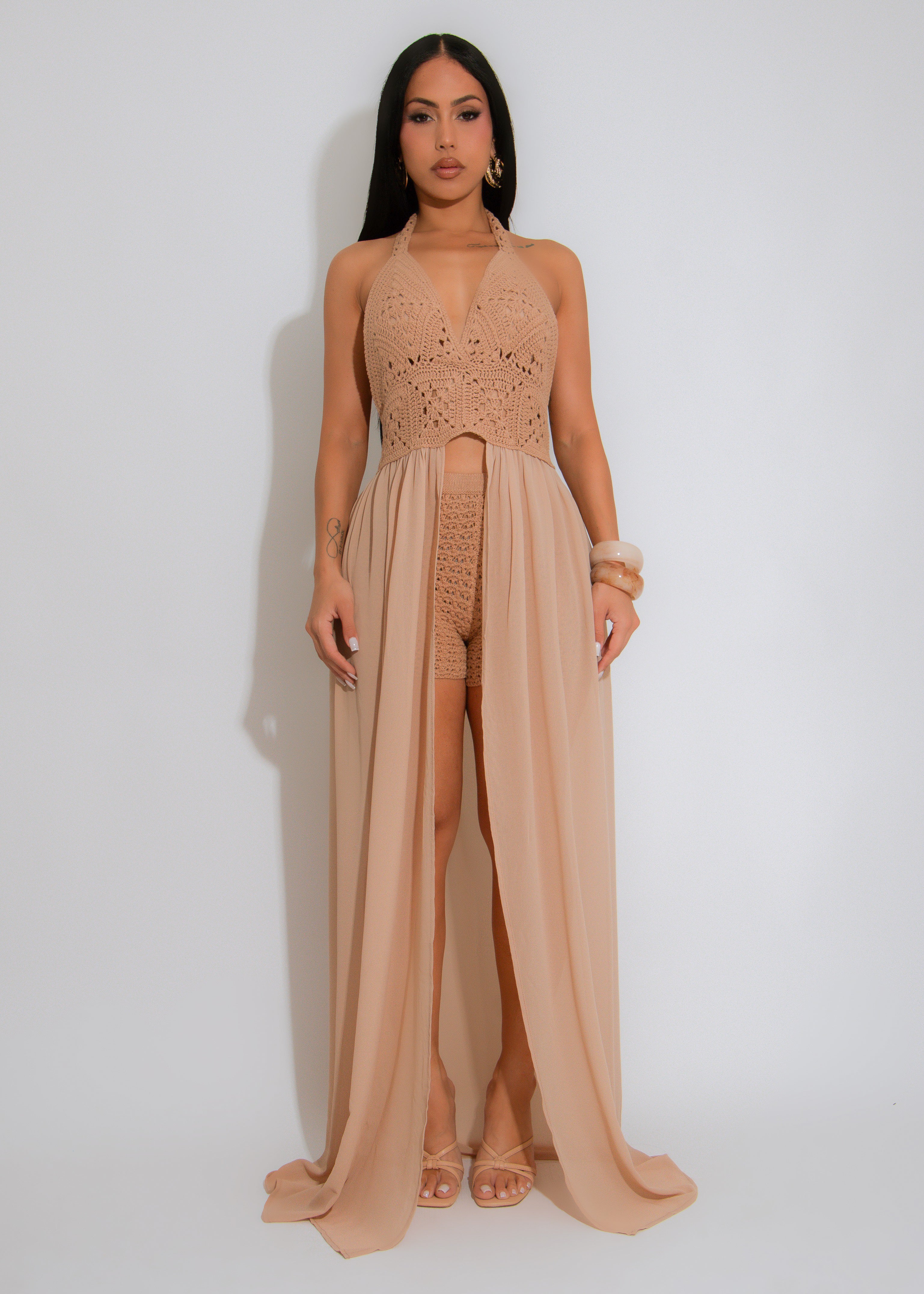 Oasis Mirage Crochet Mesh Short Set Nude