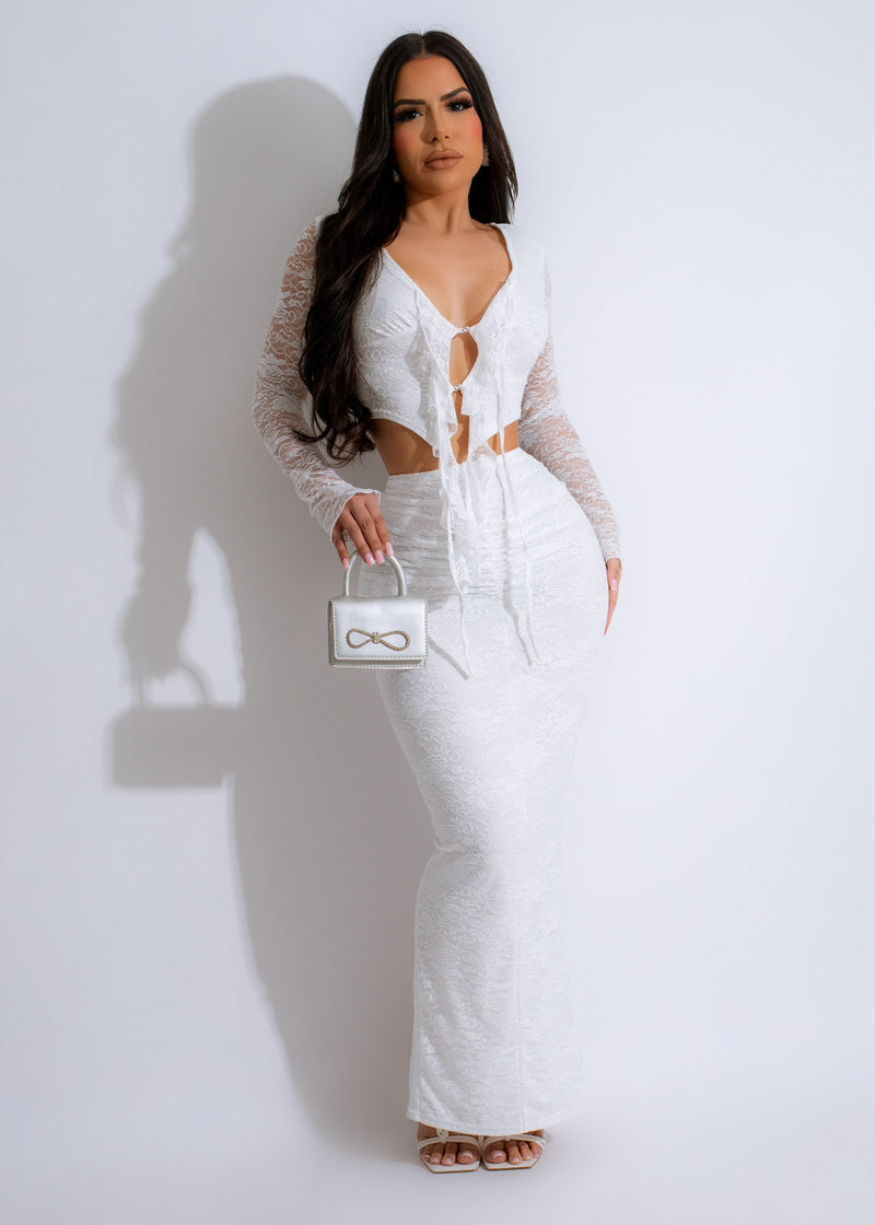 Secret Romane Lace Skirt Set in White, a beautiful and elegant lingerie piece with delicate lace detailing and a matching skirt 