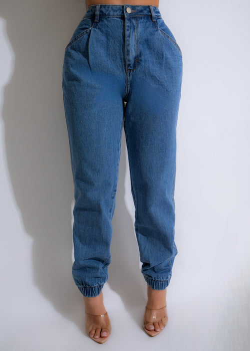  Relaxed fit denim jogger pants in dark blue wash with drawstring waist