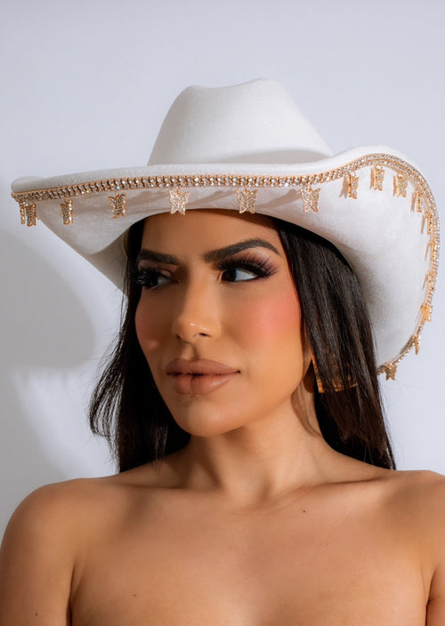  Fly High Butterfly Rhinestones Cowboy Hat in white, perfect for adding a touch of glamour to your outfit