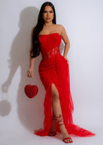 Feminine Vibes Lace Chiffon Maxi Dress Red, front view, flowing skirt, elegant design, perfect for special occasions