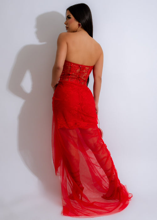 Feminine Vibes Lace Chiffon Maxi Dress Red, back view, intricate lace detailing, adjustable straps, flattering fit for all body types