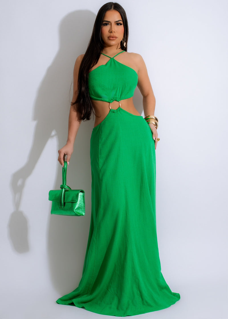 Island Escape Linen Maxi Dress Green with V-neck and adjustable straps in a tropical island setting, perfect for summer vacations and beach getaways