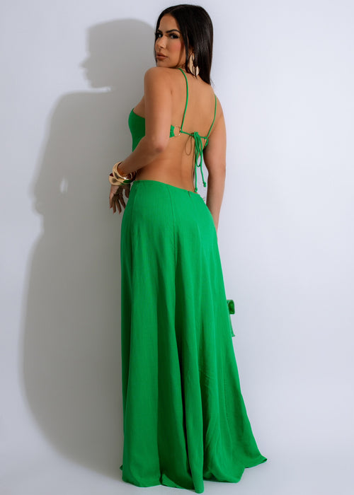  Flowy and comfortable Island Escape Linen Maxi Dress Green with a flattering empire waist and side slit, ideal for casual outdoor events and tropical vacations