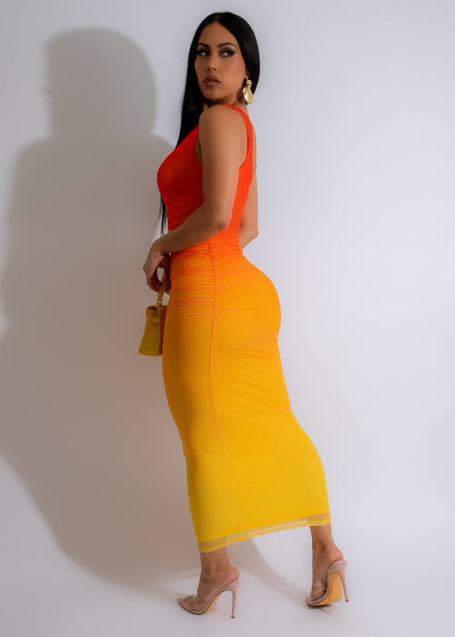 Stunning Sunset Day Mesh Ruched Orange Midi Dress with adjustable spaghetti straps and bodycon silhouette