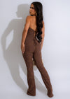 Brown lace jumpsuit with a flattering silhouette perfect for happy hour