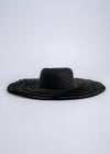 Black wide-brimmed sun hat with a luxurious look, perfect for a vacation