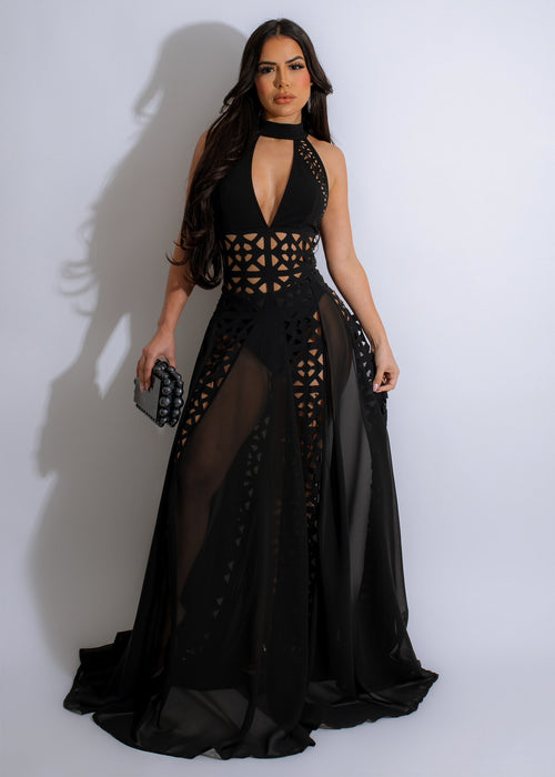 Chic and elegant black chiffon maxi dress with a flowy silhouette