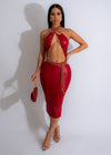 No One Like Her Chain Midi Dress Red, a stunning red midi dress with a unique chain design, perfect for making a statement at any special occasion