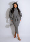 Close-up of grey ribbed sweater midi dress with long sleeves and round neckline, perfect for a casual yet stylish look