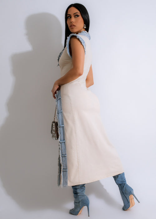 Stylish and versatile Don't Stop Denim Midi Dress in nude color