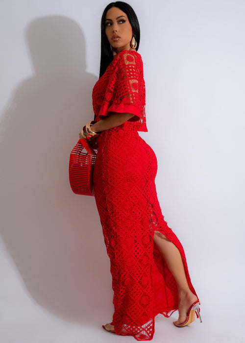  Stunning red maxi dress with crochet pattern, showcasing elegance and style, ideal for a romantic date night or special occasion