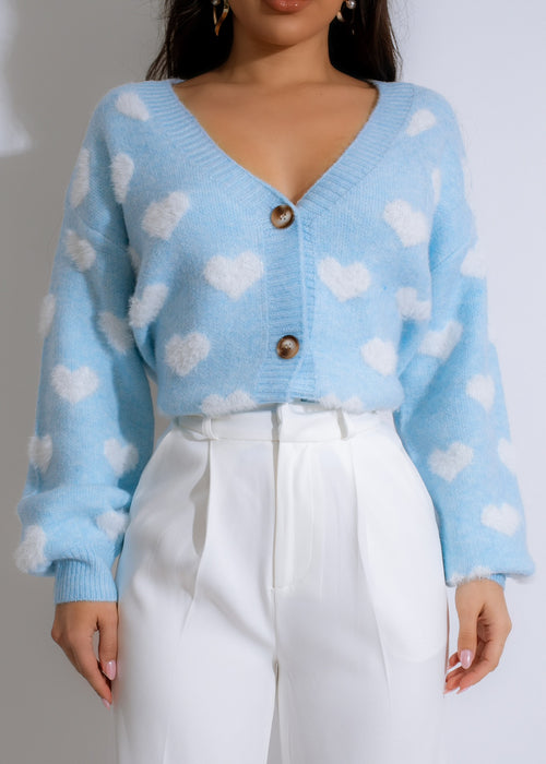 Close-up of Love You More Fur Sweater Blue, showing intricate knit details
