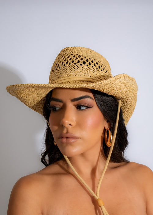 Western Cutie Cowboy Hat Nude with Brown Leather Band and Feather Accent