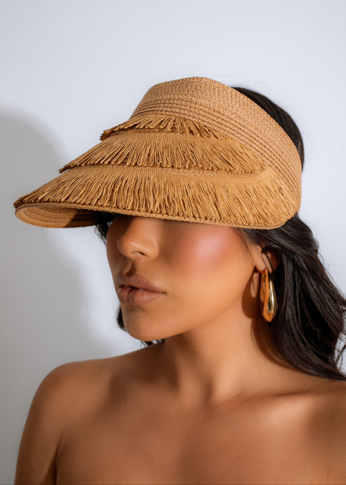 Summer Postcard Visor Hat Tan, featuring a wide brim and a colorful postcard design, perfect for stylish sun protection at the beach or pool