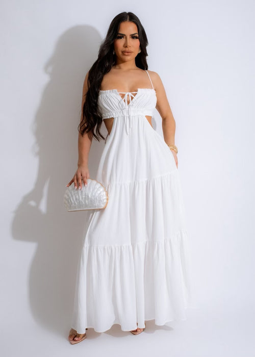 Beautiful white maxi dress with floral lace detailing and spaghetti straps 