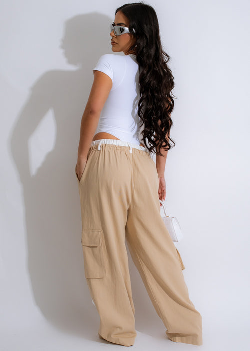  Trendy and comfortable cargo pants in nude color with functional pockets and adjustable waistband
