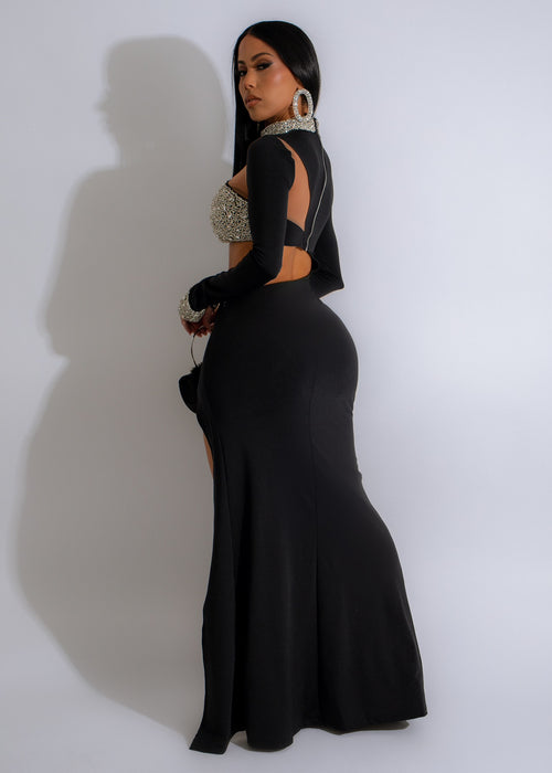 Evening Glamour Rhinestones Maxi Dress Black