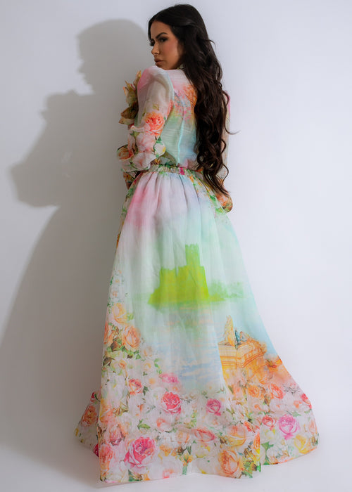 Beautiful green Ethereal Blossom Skirt Set with delicate floral pattern