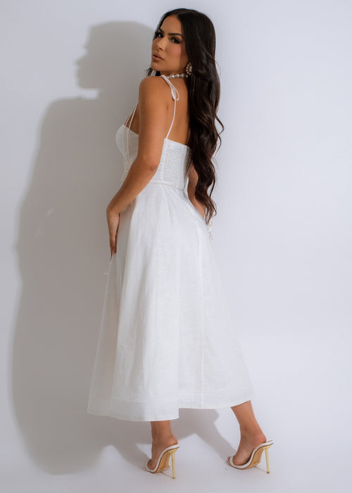 Sweet Petal Linen Midi Dress White - Back View, Tie-up Straps, and Elegant Floral Embroidery