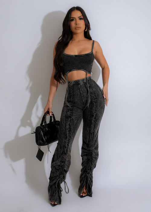 Close-up image of black ribbed pant set with stylish ribbed texture and comfortable fit for women's fashion 