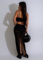 Under The Sun Crochet Maxi Dress Black - Back view featuring adjustable straps and elegant crochet pattern
