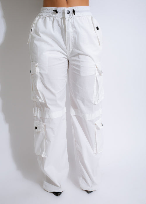 A pair of stylish and durable white parachute cargo pants by I'm Sincere