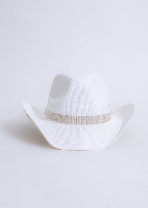  White Cowboy Hat with Rhinestones and a Sunset Glamour design, perfect for adding a touch of elegance to any outfit