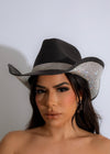 Black cowboy hat with rhinestone embellishments, perfect for adding glamour to any sunset outfit