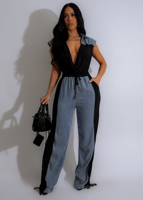 Spiritual Cause Ruched Denim Jumpsuit in vintage blue with adjustable straps and side pockets