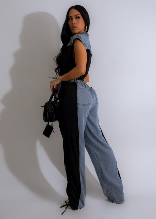 Close up of the ruched details on the front of the Spiritual Cause Ruched Denim Jumpsuit